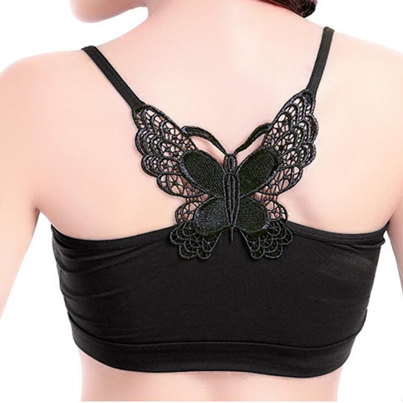 MRULIC sports bras for women Womens Large Size Butterfly Beauty Back Wrap  Breast Latex No Steel Ring Ice Silk Sports Bra Gathering Underwear Black + L