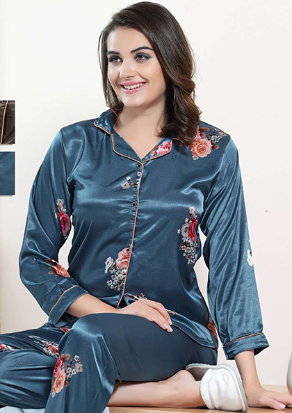 Buy Online NS-3535 Front Open Satin Nightsuit | Lovebird