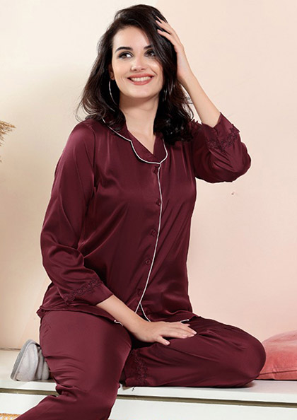 Buy Online NS-157 Front Open Satin NightSuit | Lovebird