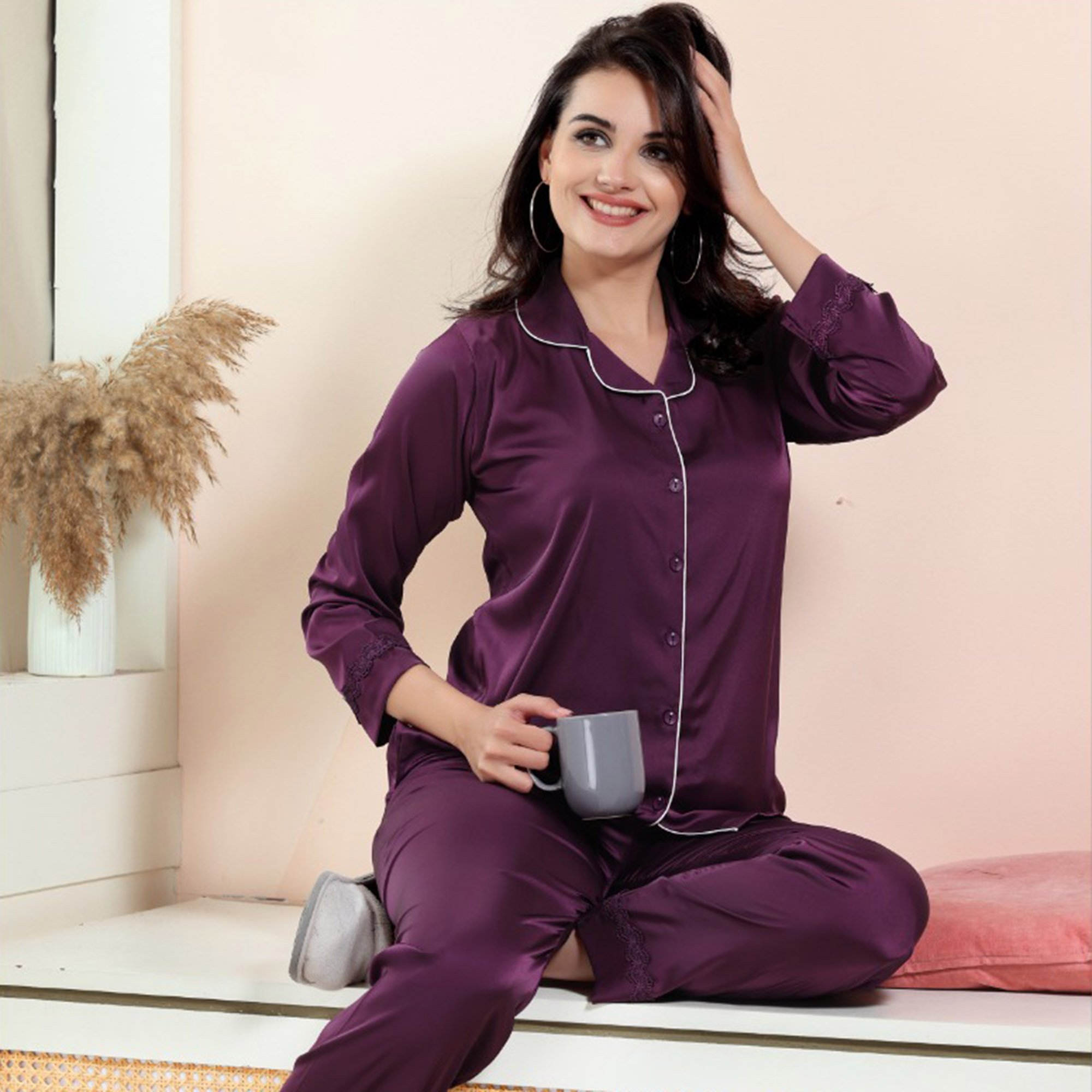 Buy Women's Plain Satin Night Suit (Shirt and Pyjama) (Color Options) (Size  - Small to XX-Large) Online at desertcartINDIA