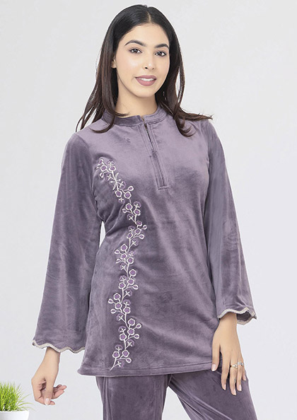 Buy Online NS553 Velvet Long Top Nightsuit | Lovebird