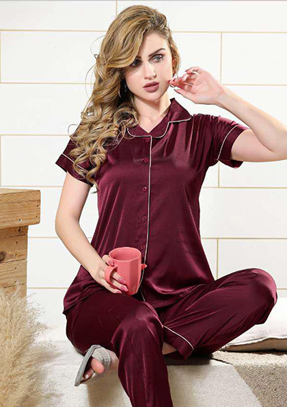 Buy Online NS-890 Front Open Satin Night Suit Plain | Lovebird