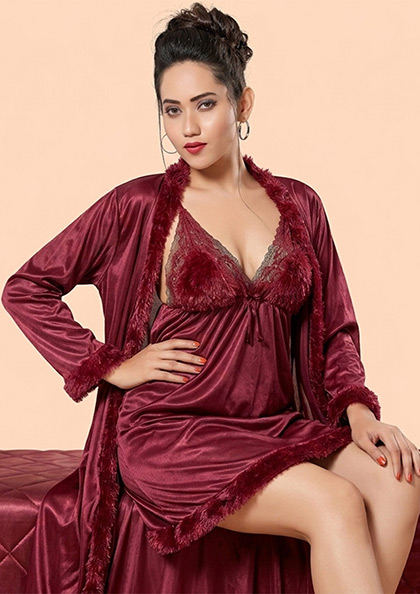 Buy Online LOVEBIRD C258 Short Nighty Short Gown Fur | Lovebird