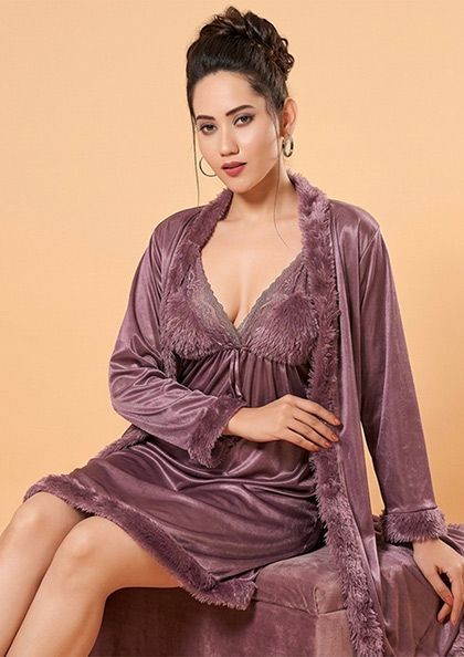 Buy Online LOVEBIRD C258 Short Nighty Short Gown Fur | Lovebird