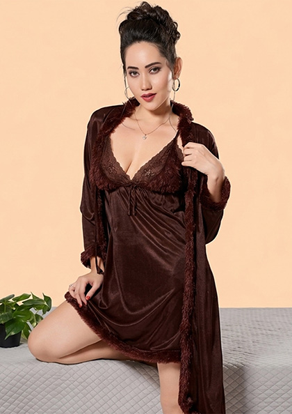 Buy Online LOVEBIRD C258 Short Nighty Short Gown Fur | Lovebird