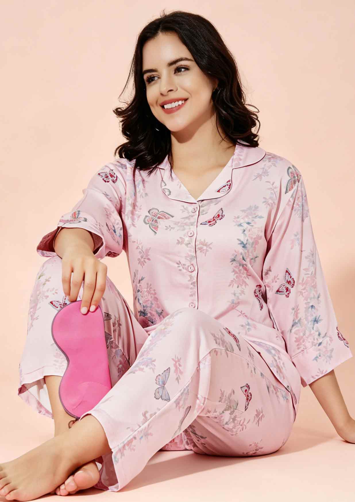Buy Online LOVEBIRD Ns8881 Rayon Satin Front Open Night Suit | Lovebird