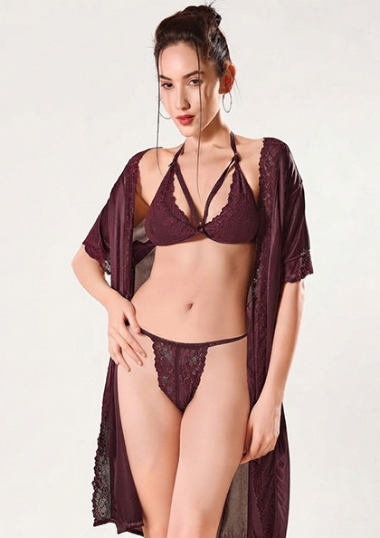 Buy Online LOVEBIRD Nighty D315 Silky Bra Panty Robe Set | Lovebird